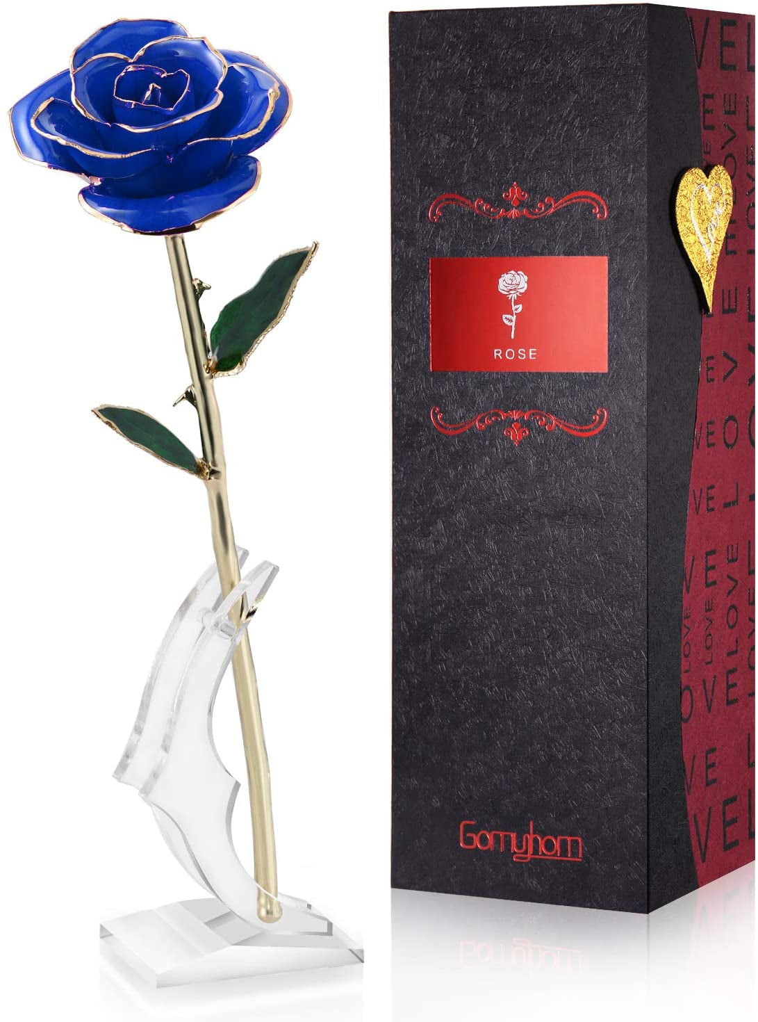 11" Long Stem Dipped 24K Gold Foil Trim Real Rose Love Flower Mother's Gift Blue 