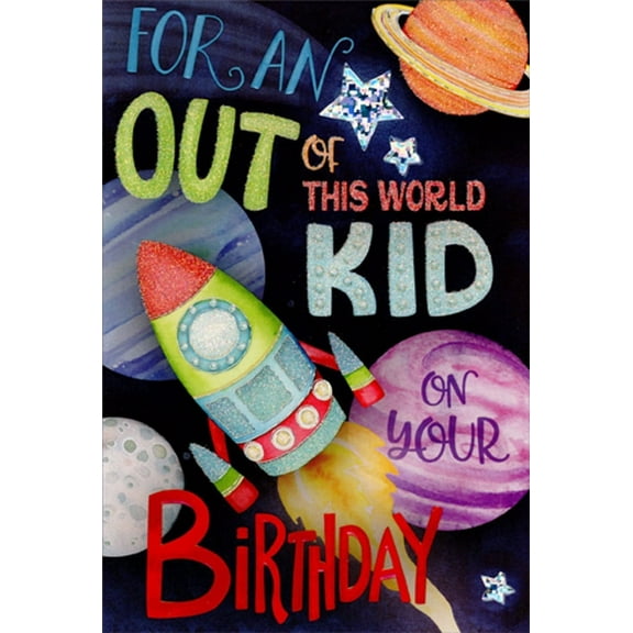 Pictura Out of this World Kid : Green Rocket and Colorful Planets Juvenile Birthday Card for Child