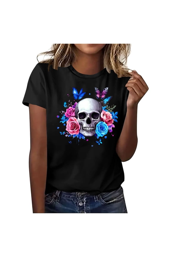 Women's Morbid Floral Skull Tee - Vintage Sugar Skull Graphic T-Shirt | Plus Size Loose Fit Gothic Tops for Women & Teens