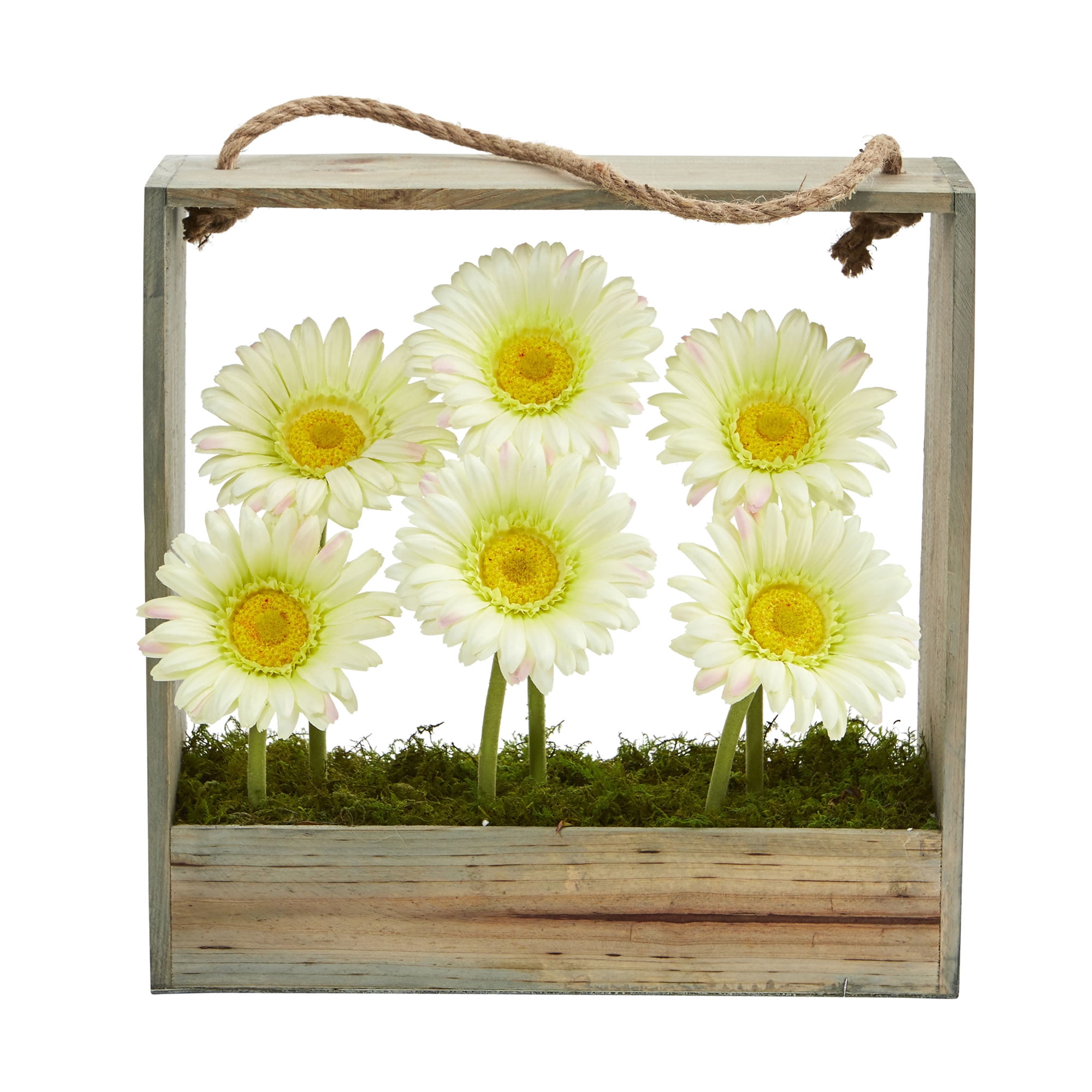 Nearly Natural Gerber Daisy Garden Artificial Arrangement in Hanging Wood Frame