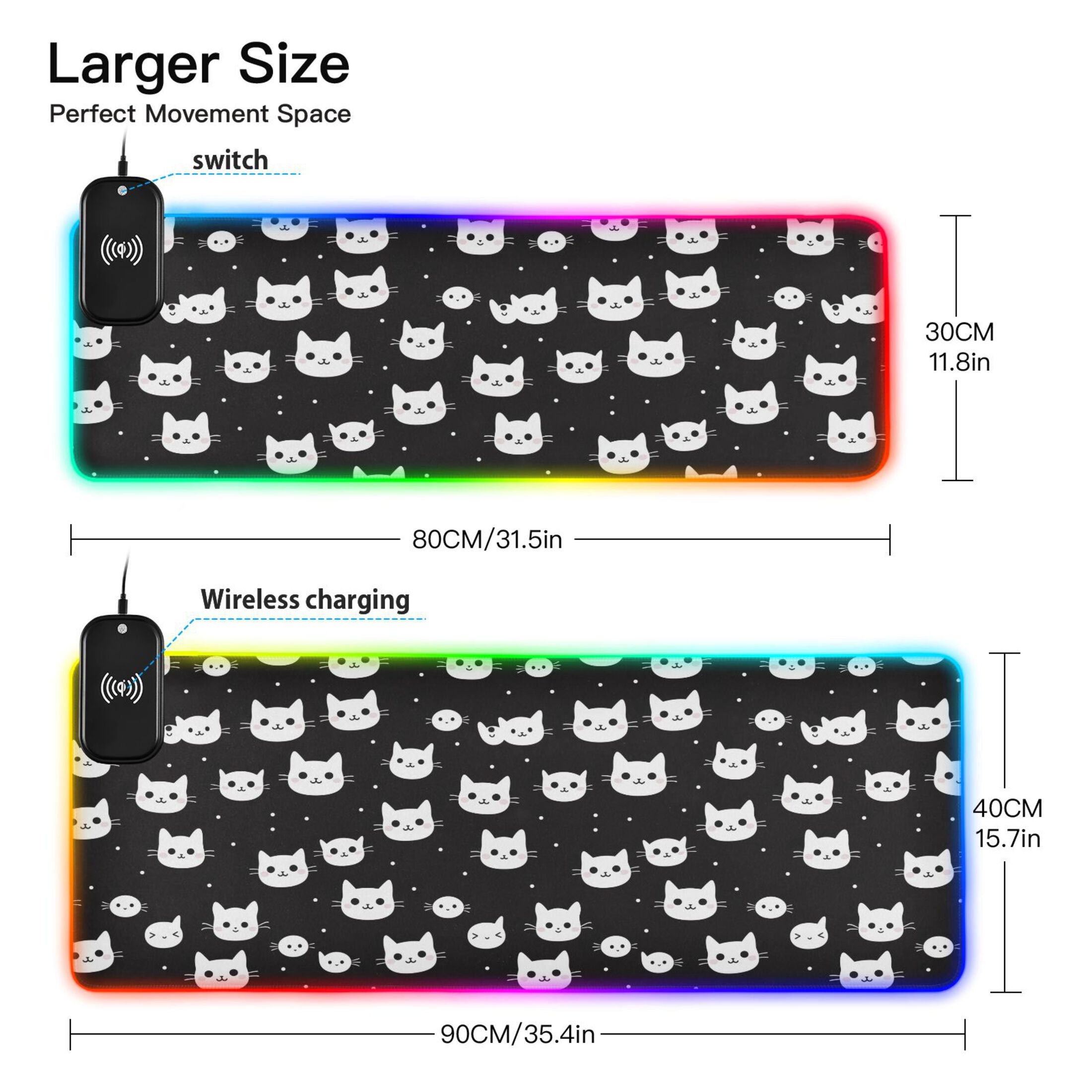Wireless Charging Mouse Pad Large RGB Gaming Desk Mat 13 Light Modes Mousepad 35.4x15.7 Cat Glad Face