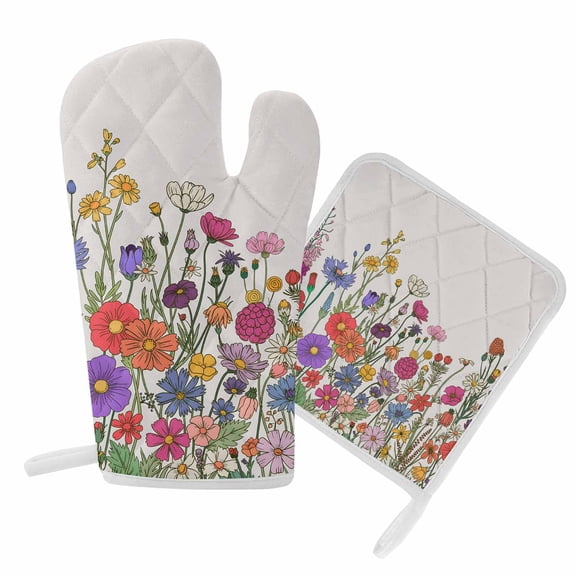 Oven Mitts and Pot Holder Set for Kitchen, Wildflower Kitchen Oven Gloves Heat Resistance Non-Slip Surface Potholders Herb Flower Botanical Linen Hot Pads Sets for Cooking Baking Grilling BBQ