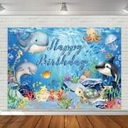 Under The Sea Birthday Backdrop Ocean Animal Happy Birthday Party Decorations Dolphin Shark Underwater Blue Party Banner Supplies for Kids