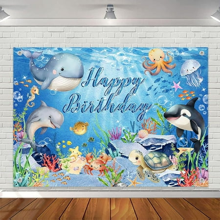Under The Sea Birthday Backdrop Ocean Animal Happy Birthday Party Decorations Dolphin Shark Underwater Blue Party Banner Supplies for Kids