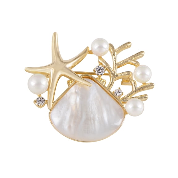 Elegant Zircon Gold Starfish Shell Pearl Brooch Pins For Ladies Inlay Sea Animal Jewelry Brooches