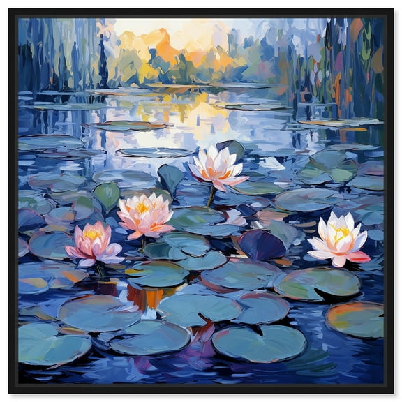 Lilipads Blues Blue Monet Art Prints Canvas Wall Art by Art Remedy, Black Floater Frame, 12"x12"