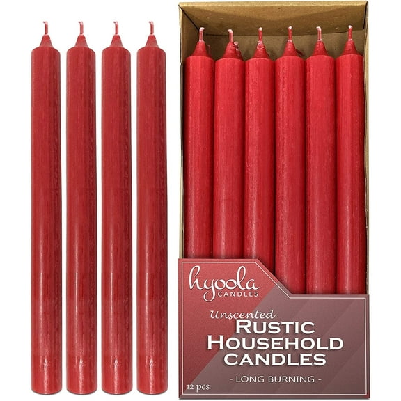 Hyoola 10" Rustic Robin Red Dripless Dinner Candles Unscented Paraffin Wax with Cotton Wicks, 12-Pack