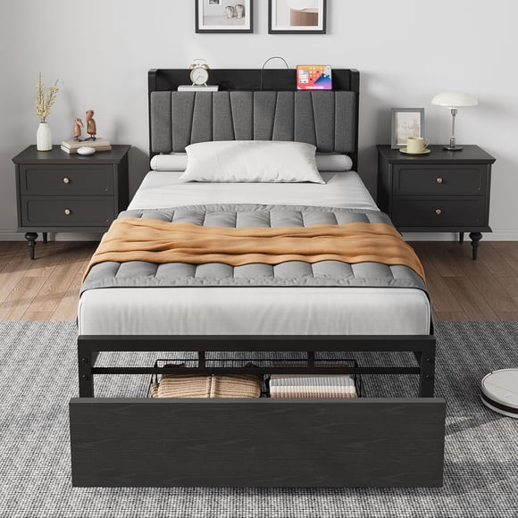 Twin Size Upholstered Platform Bed Frame with Tall Headboard, 2 Storage Drawers, Built-in Type-C Charging Station, Heavy Duty Metal Slats, No Box Spring Needed, Modern Bedroom Furniture