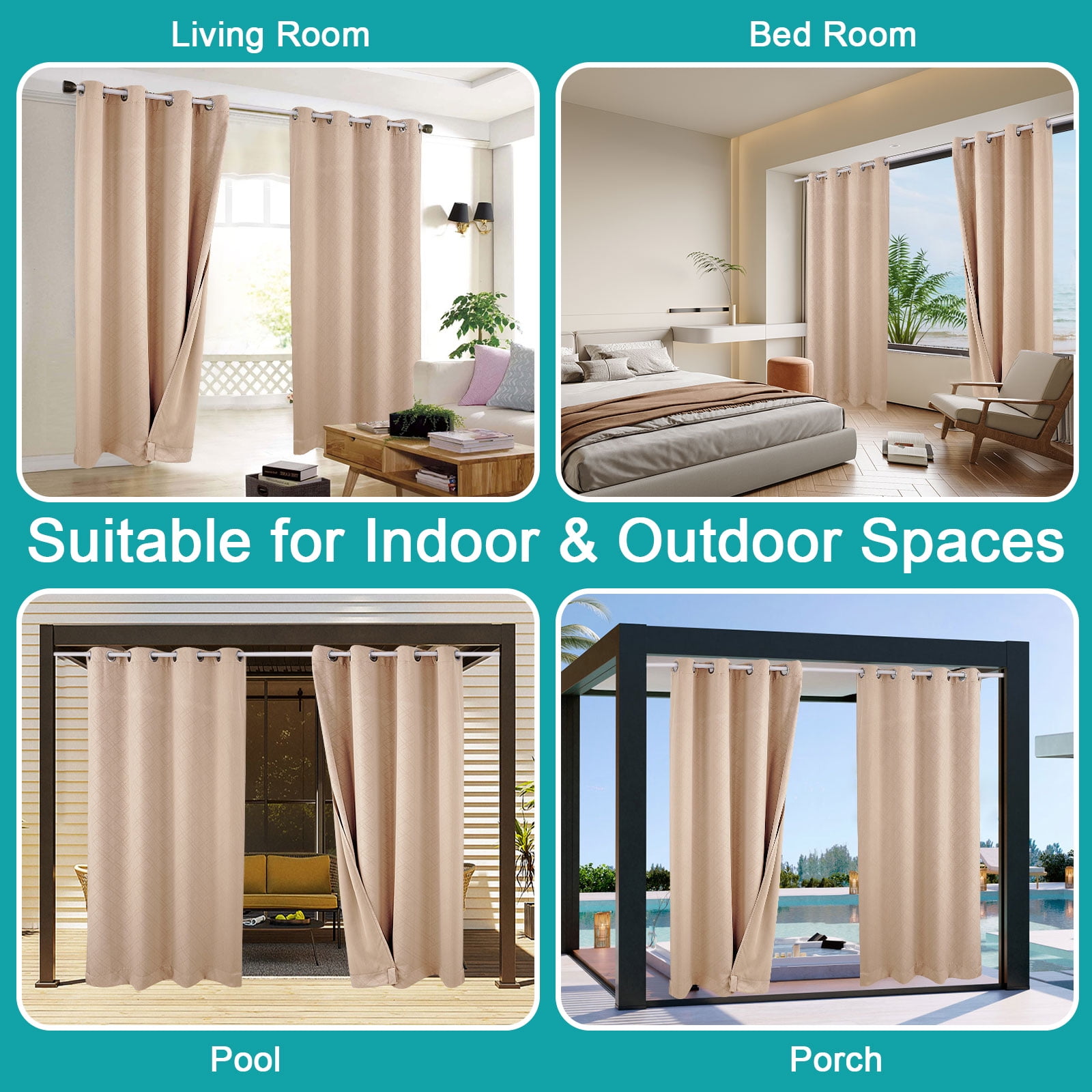 SHANNA 2 Panel Outdoor Curtains, Waterproof Windproof UV Protection Blackout Curtains with Eyelets, 3D Textured Pattern for Garden, Pergola, Balcony, Beige, 52 X 108 inch