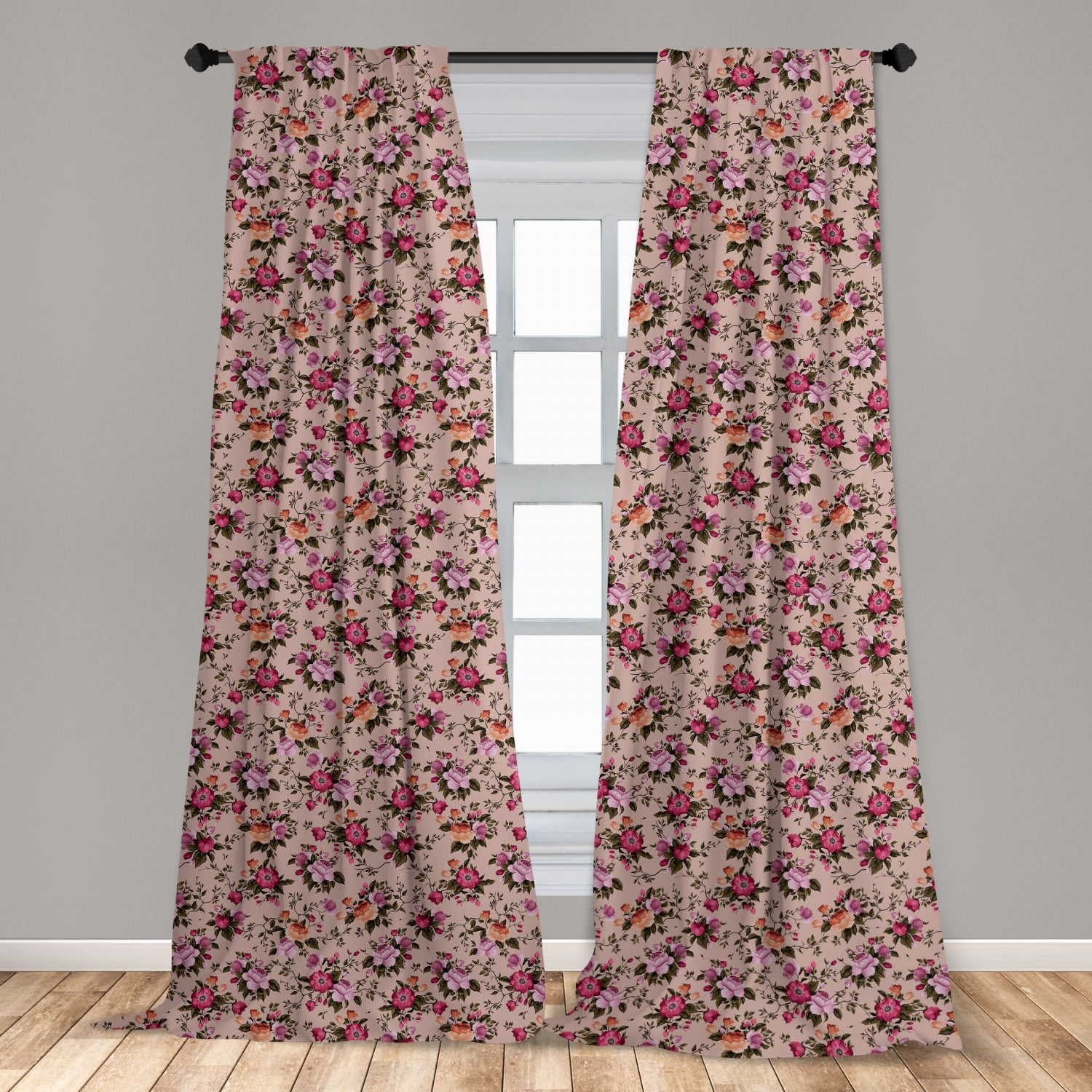 Flower Curtains 2 Panels Set, Floral Pattern with Roses Twig Warm