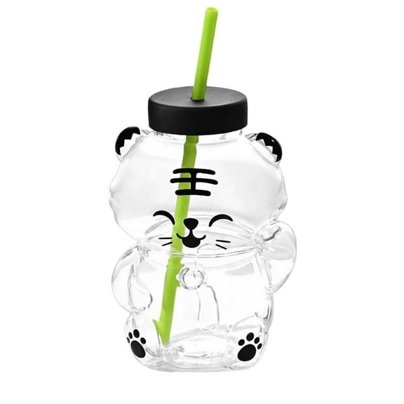 Cat Glass Cup with Lid and Straw Reusable Straw Cup Adorable Bear Shaped Tumble