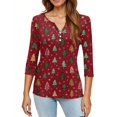 thumbnail image 5 of WTOBBY Women's Christmas Snowflake Tree Print V-Neck Decorative Button 3/4 Sleeve T-Shirt with Merry Christmas, Ladies Holiday Season Top for Casual Fashion Wear,Deep Red L, 5 of 5