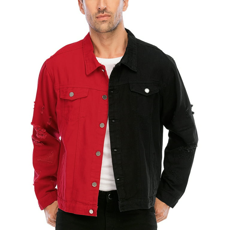 LZLER Black Red Jean Jacket for Men Ripped Color Block Denim Jacket