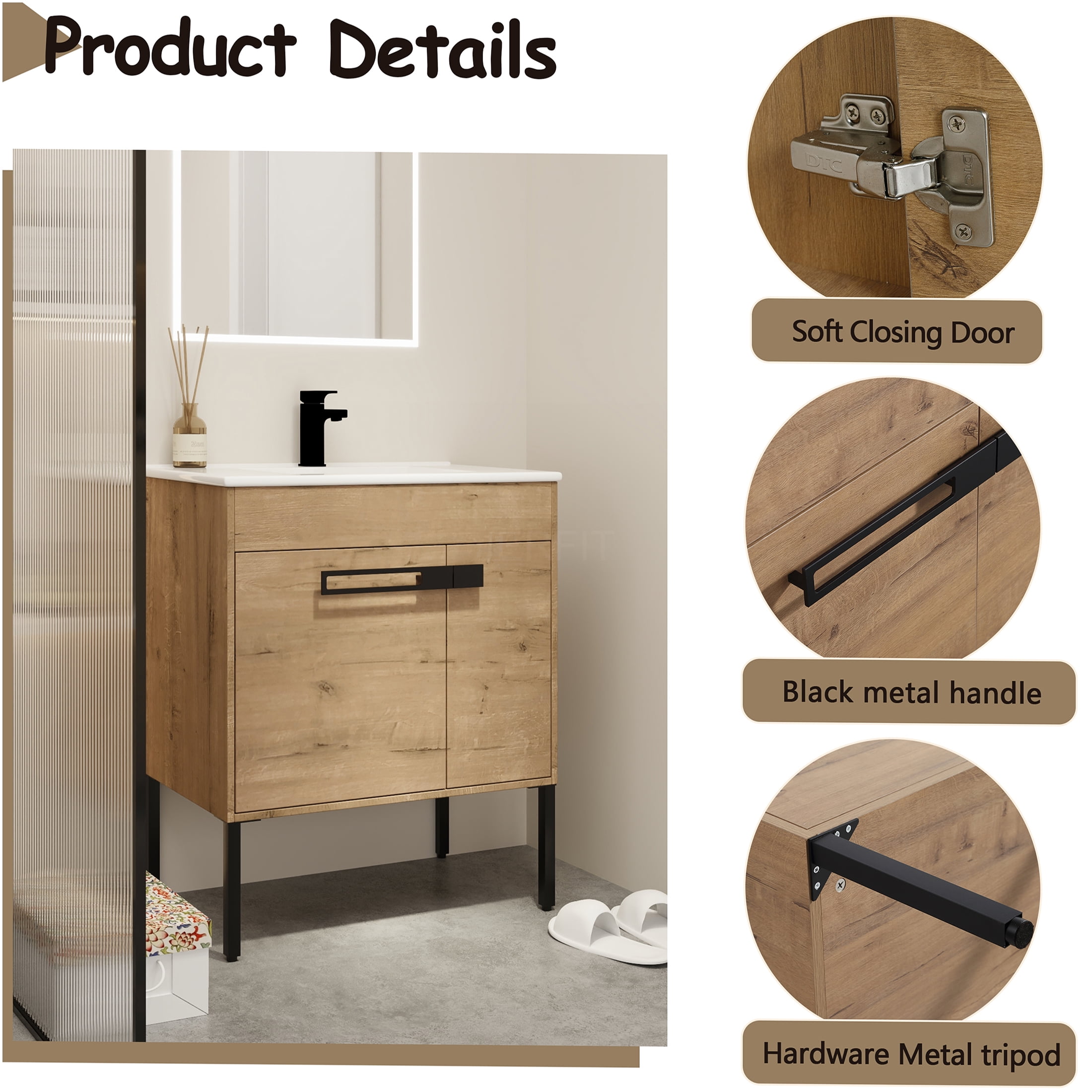 JERFIT 30 Inch Bathroom Vanity with Ceramic Sink, Freestanding or Wall-Mounted Modern Cabinet with Soft Close Doors, Adjustable Shelf, Imitative Oak Finish