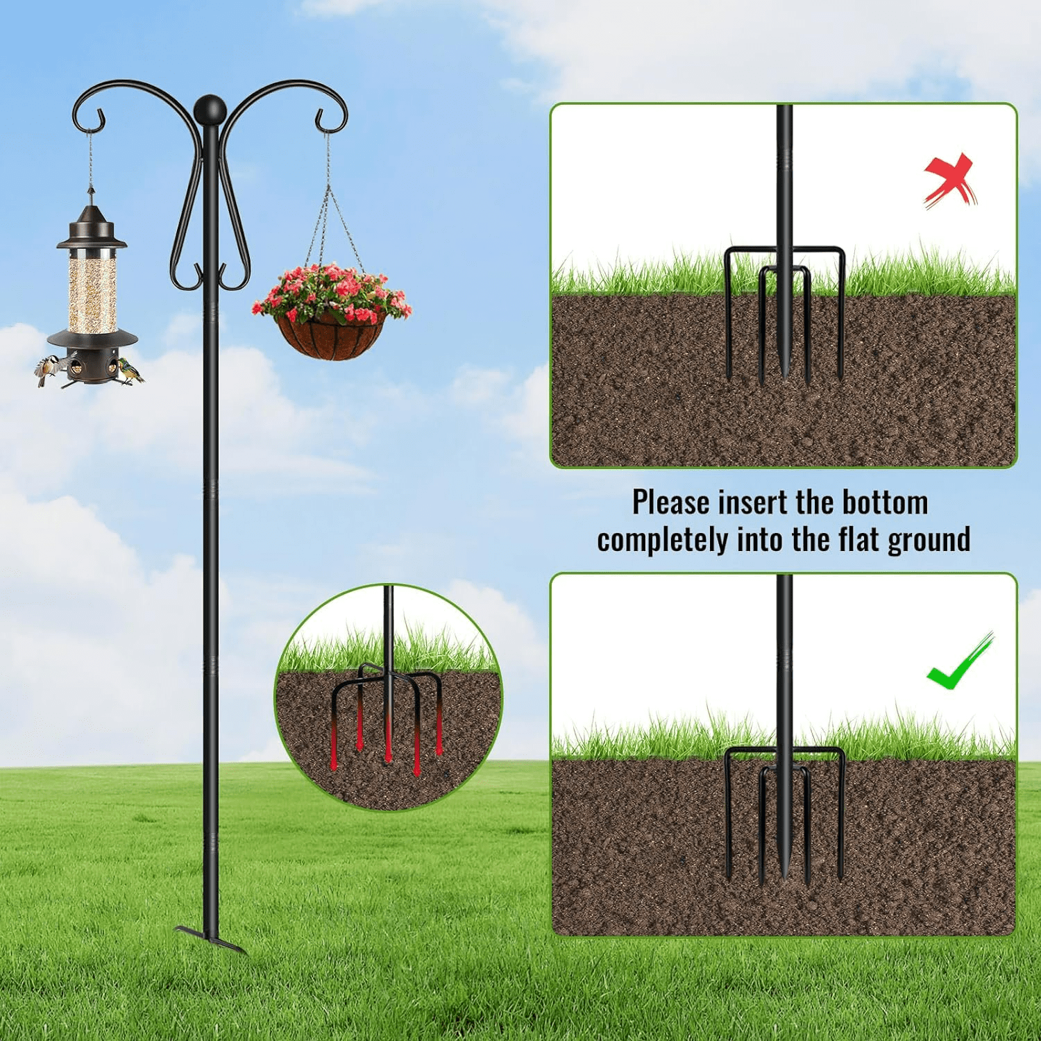 Shepherds Hooks for Outdoor, 92 Inch Heavy Duty Bird Feeder Pole with 5 Prongs Base, Adjustable Shepherds Hook for Hanging Birdhouses, Lanterns, Plant Baskets, Wind Chimes