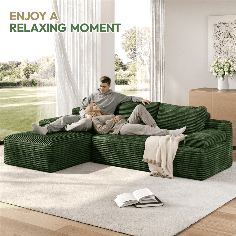 Renwick 110" L-Shaped Cloud Couch, Boneless Corduroy Sectional Sofa with 3 Detachable Pillows for Livingroom, Green