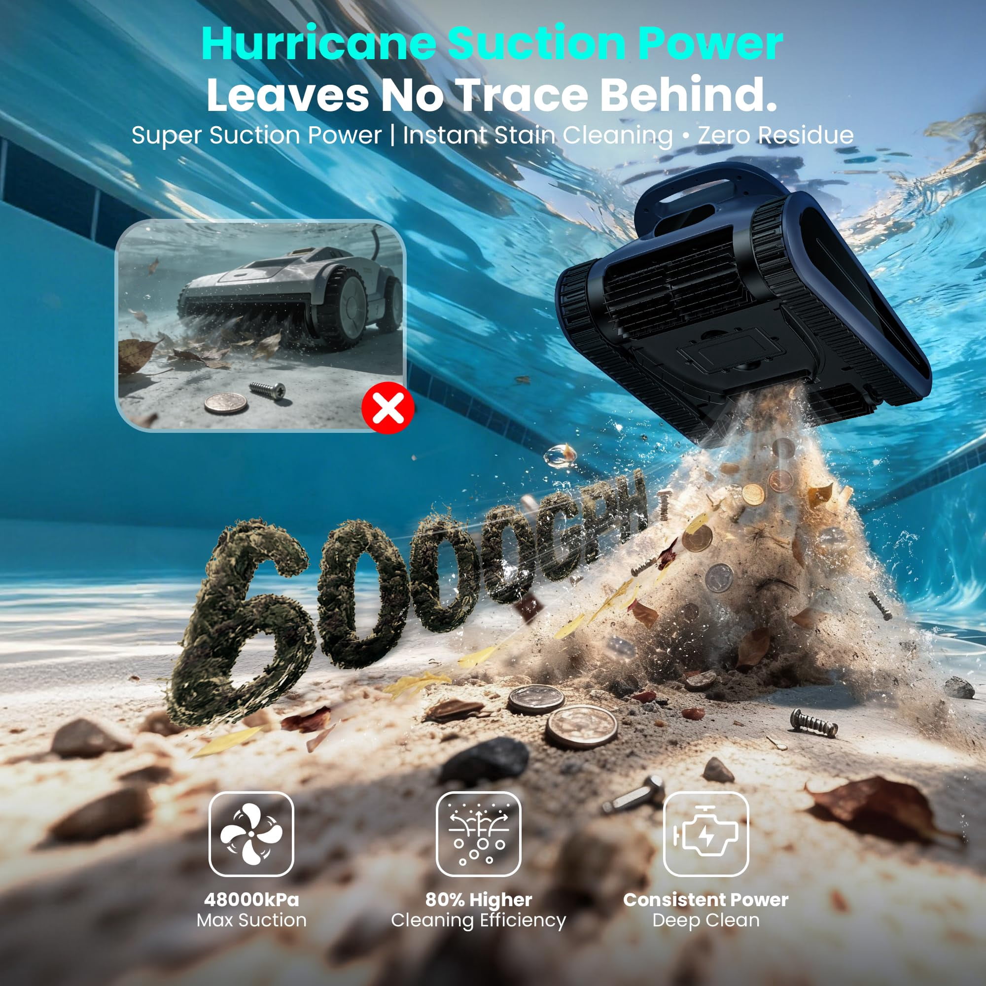 Seauto 2026 New Cordless Robotic Pool Cleaner for Inground & Above-Ground Pools up to 2150 Sq Ft, Wall & Waterline Cleaning, 80 GPM Strong Suction, Smart Navigation, 3 Cleaning Modes, App Control