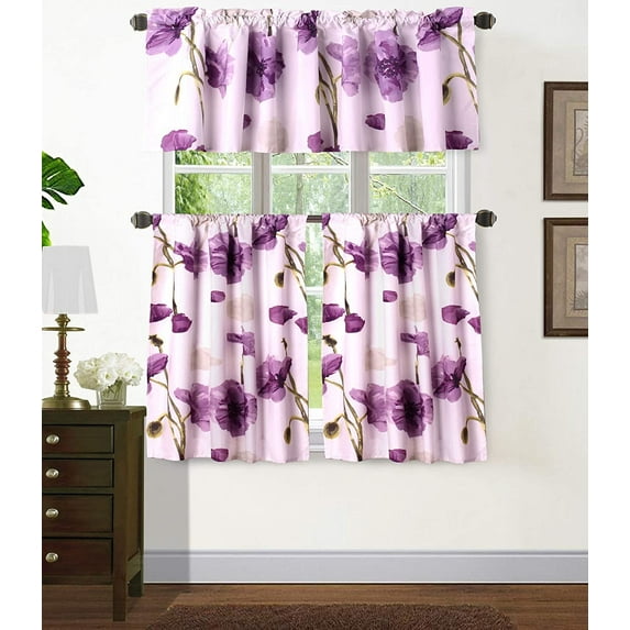 Sapphire Home 3PC Rod Pocket Floral Kitchen Curtain 54" Width, Decorative Gray Floral Print, Soft, Light Filtering Room Darkening Thermal Foam Back Lined, Window Valance Decoration, DRP KC Purple