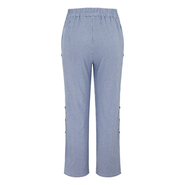 zicth Blue Linen Pants Women's Cotton and Linen Striped Elastic