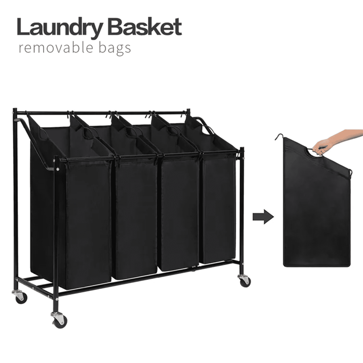 Amstech Laundry Hamper Sorter 4 Section, Laundry Sorter Cart with 4 Removable Bags and Rolling Wheels, Black