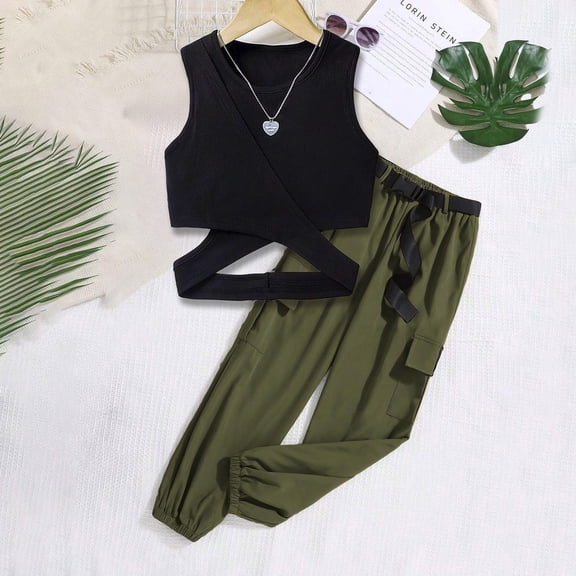 SNKSDGM Girls Spring Outfits for Girls 10-12 2025 Easter Outfit Girl Girls Casual Sleeveless Solid Color Blouse Overalls Fashion Personality Suit Baby Girl Outfits 0-3 Months Winter 9-10 Years