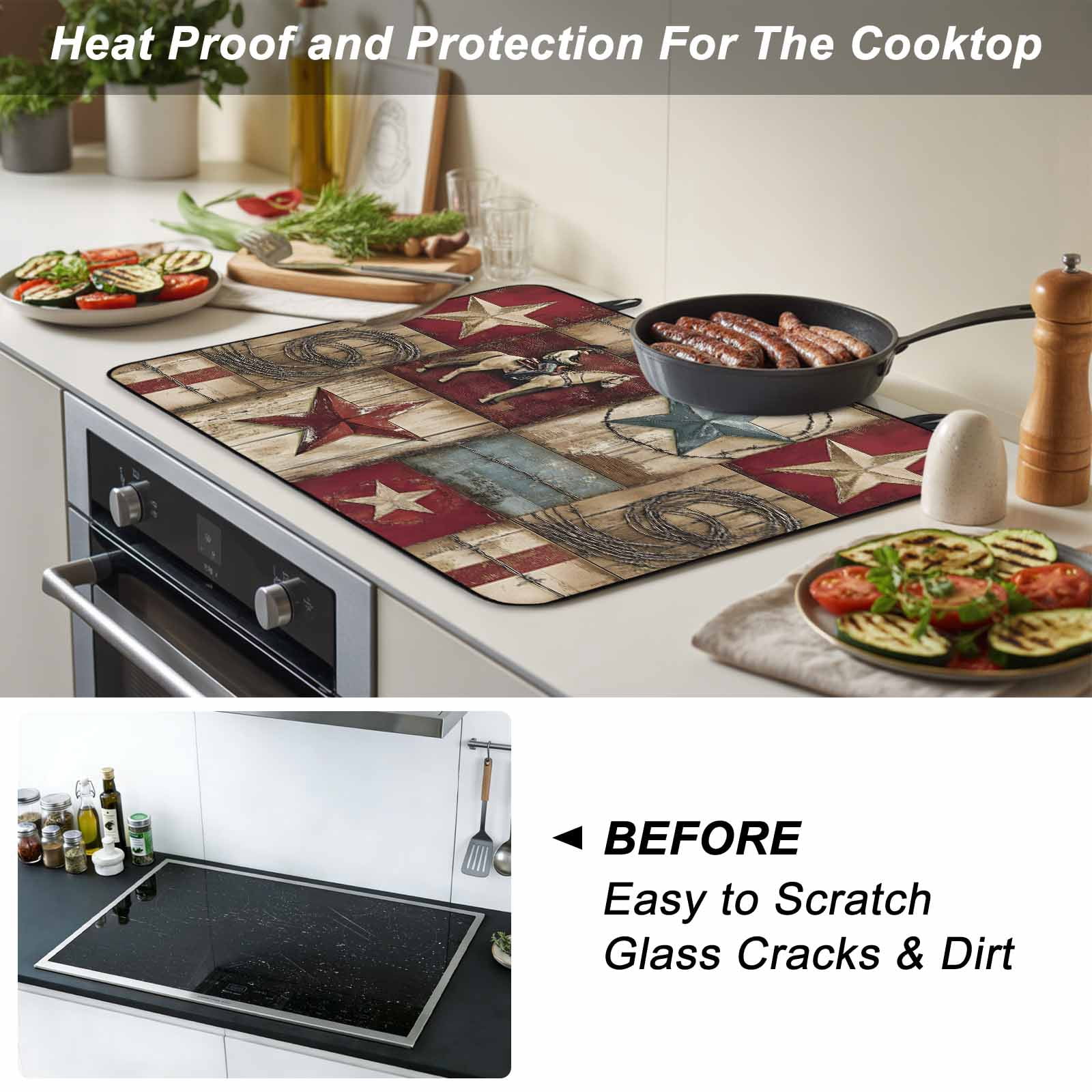 Texas Star Vintage Stove Top Cover for Electric Stove, Heat-proof & Non Slip Glass Top Stove Cover Protector, Country Star Western Cowboy Kitchen Flat Cooktop Rubber Mat 24x21 Inches