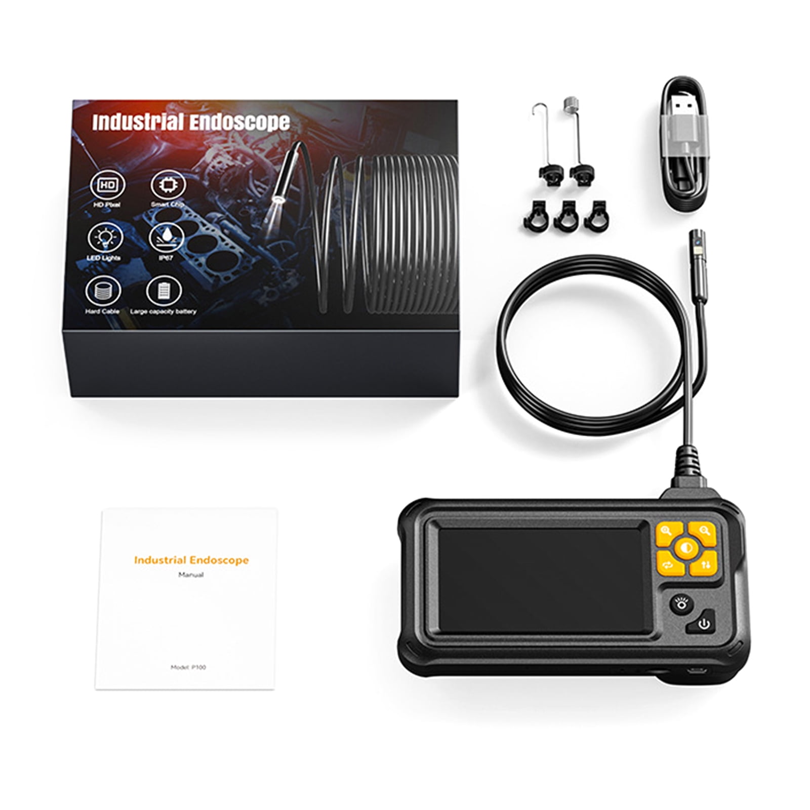 Waterproof Industrial Endoscope Type-C Rechargeable Double Lens Borescope Inspection Camera with 4.3in Screen 8 LEDs