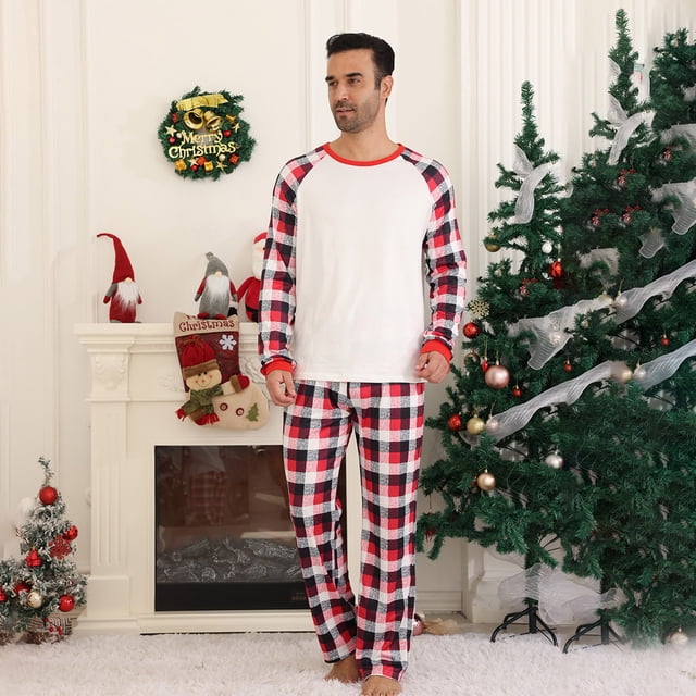 TIMIFIS Pyjamas de Noël Assortis pour la Famille Hommes Xmas Fête Col Rond Manches Longues Haut et Pantalon Long à Carreaux Rouges Tenue d'Intérieur Ensemble de Pyjamas de Noël Assortis pour la Famille