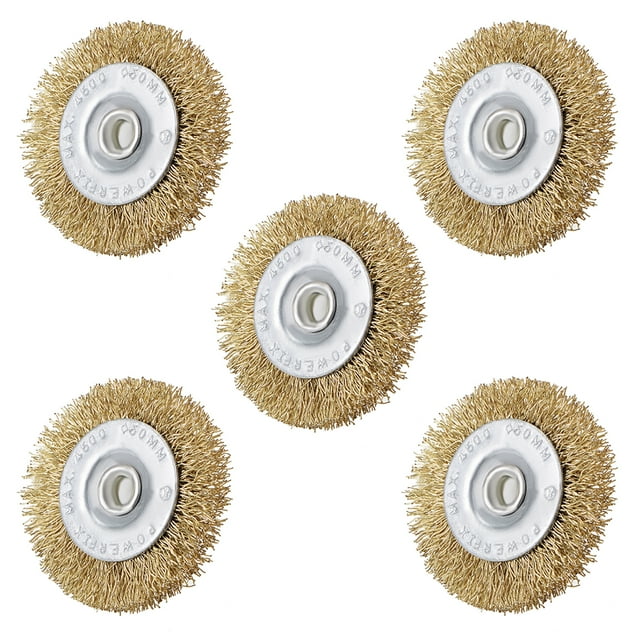 Cepillo de rueda de alambre de 2 pulgadas, acero crimpado chapado en cobre, vástago de 1/4 de pulgada, 5 piezas