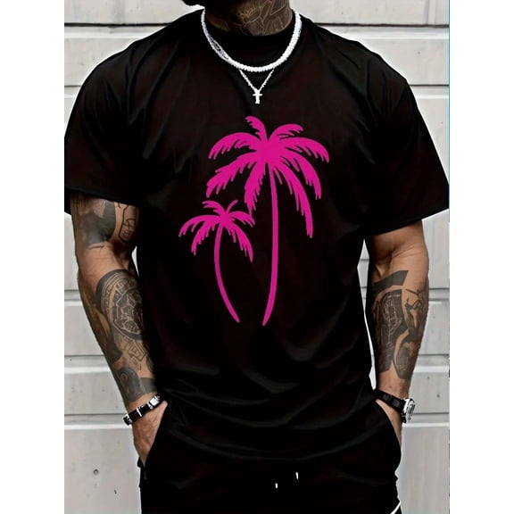 100% Cotton Pink Pocket Palm Tree Cute Hawaiian Summer Vacation Gift T-Shirt Casual Short Sleeve Shirt Women's Men Graphic Tee