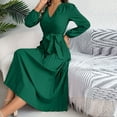 thumbnail image 6 of SMihono Fashion Classic Pleated Dresses Womens High Waist Shirt Dress with Belt Long Sleeve Button Up V-Neck Fashion Flowy Midi Dress Spring A-Line Long Dresses Green 4, 6 of 7