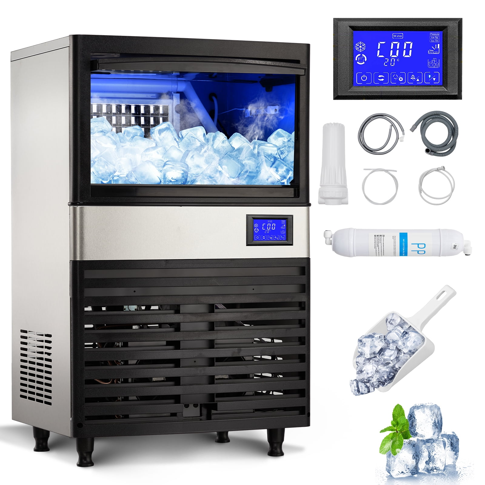 EastVita Multi-style Commercial Ice Maker Machine, with Storage Bin, Clear Ice Cubes, Counter Freestanding Ice Machine for Home/Party/Bar/Restaurant