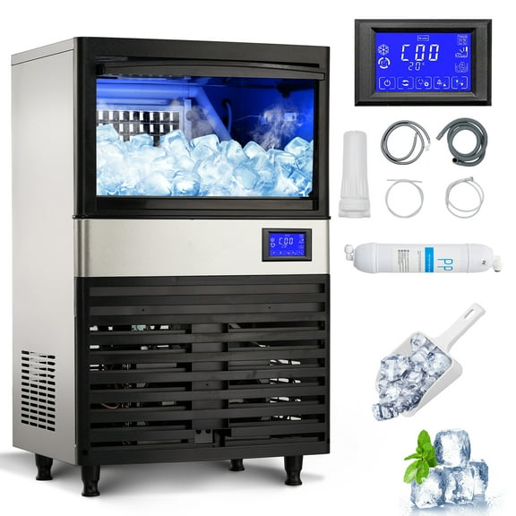 Towallmark Commercial Ice Maker Machine, 150lbs/24 Hours, 27lbs Storage Bin, Stainless Steel, Blue Light, Freestanding, Great for Home or Business, Includes Ice Scoop, Connecting Hose
