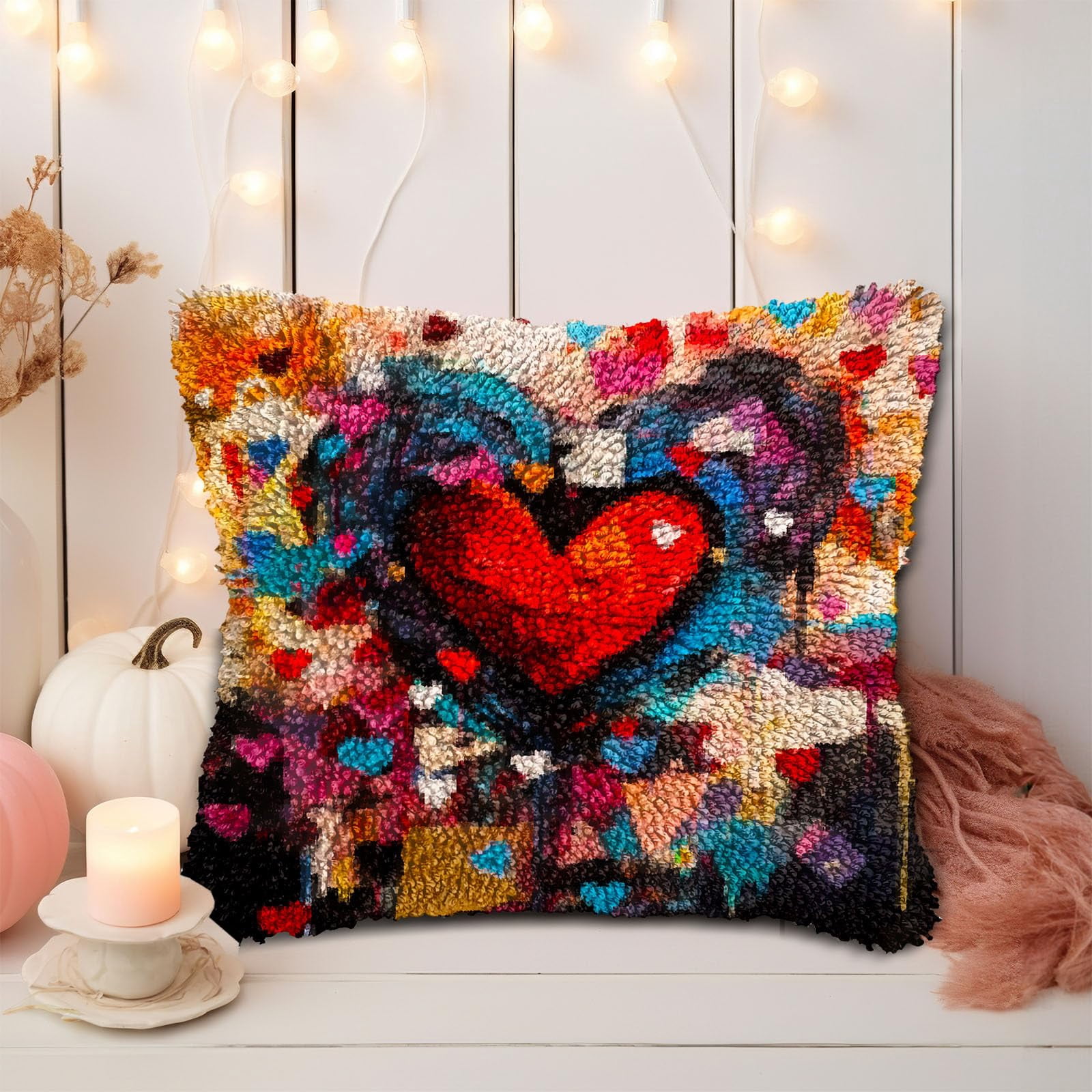 Abstract Textured Hear-shape in Red DIY Latch Hook Pillow Kits for Adults Printed Pillowcase Crochet Yarns Hooking Handmade Pillow Cover Cushion for Home Sofa Decoration 17x17inch