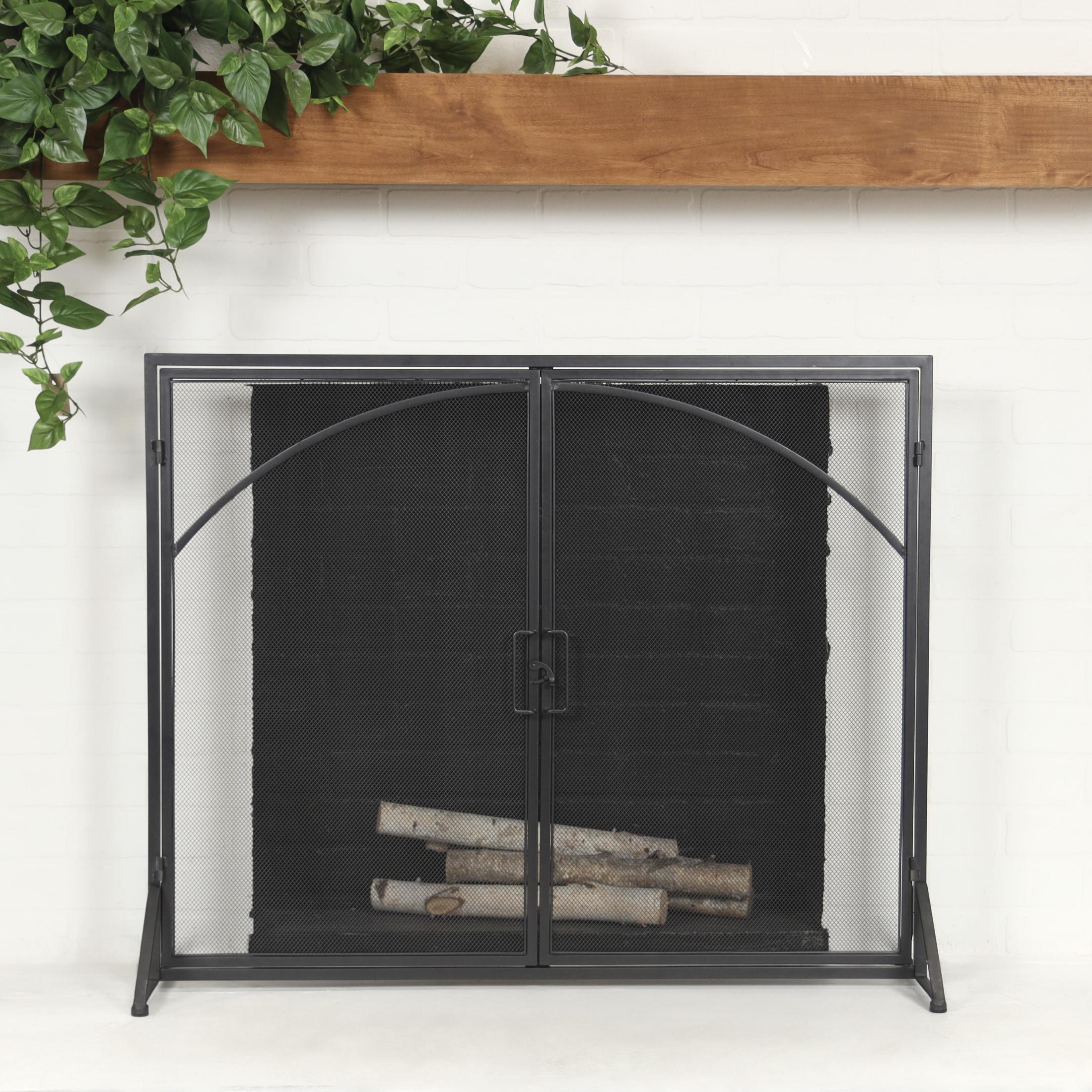 DecMode 39" x 32" Black Metal Single Panel Fireplace Screen with Arch Inspired Doors and Handles, 1-Piece