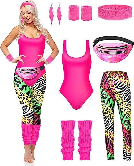 Disfraz Años 80 Para Mujer – Conjunto De Accesorios Retro Con Camisa, Pantalón, Sombrero Y Diadema, Ideal Para Fiestas De Carnaval, Halloween Y Eventos Temáticos