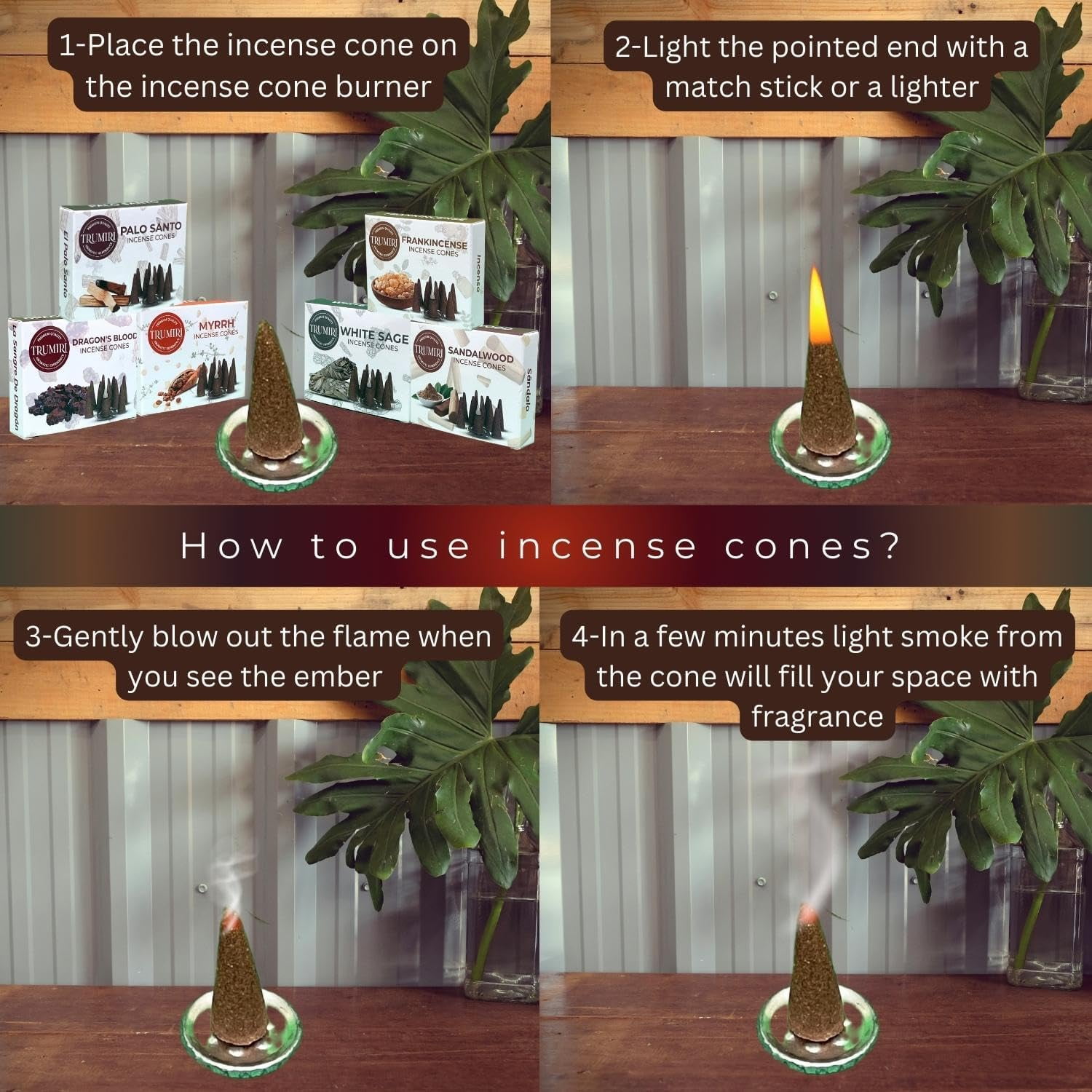 Trumiri Woody Incense Cones - Variety Pack - Total 60 Cone Incense (6 Scents x 10 Conos) - White Sage, Palo Santo, Dragons Blood, Sandalwood - Cone Incense Scents - Insense Cones - Incent Cone