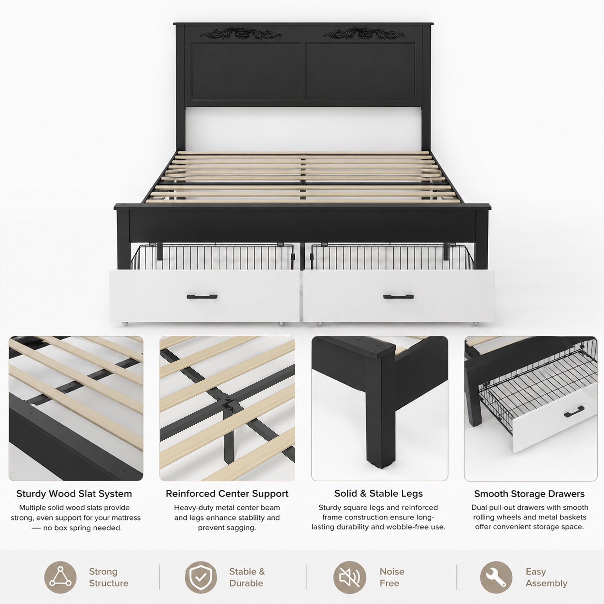 Gewnee Queen Size Rustic Farmhouse Platform Bed Frame, Steel Frame with Wood Slats, Noise‑Free, Under‑Bed Storage, Easy Assembly, No Box Spring Required for Bedroom, White & Black