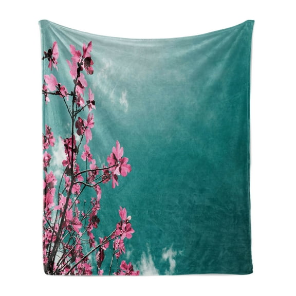 Floral Soft Flannel Fleece Throw Blanket, Fig Tree Florets with Sunny Sky Exotic Summer Spring Plants Scenic Nature View, Cozy Plush for Indoor and Outdoor Use, 50" x 70", Teal Hot Pink, by Ambesonne