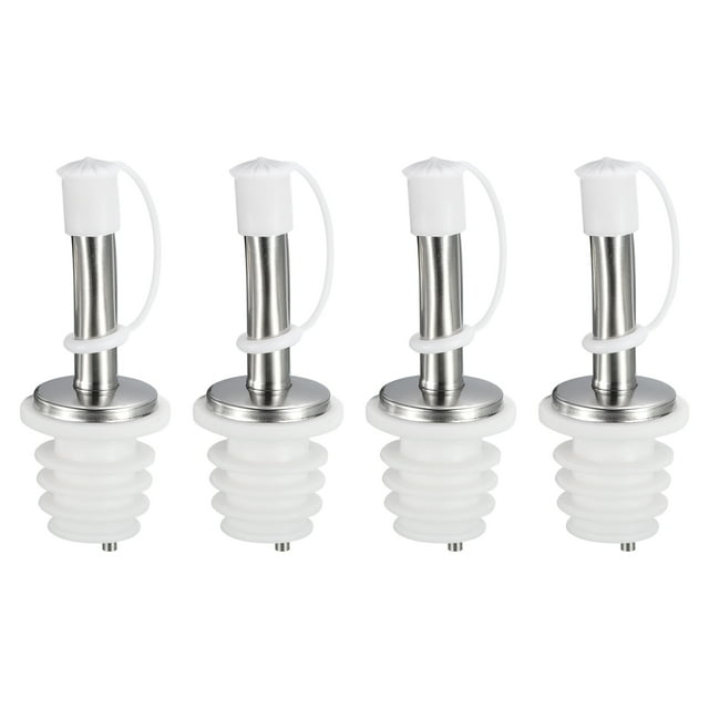 Vertedores de botella de acero inoxidable, paquete de 4, boquilla de aceite de oliva de 80 mm/3.15" con tapas de goma, para la mayoría de las botellas de licor (blanco)