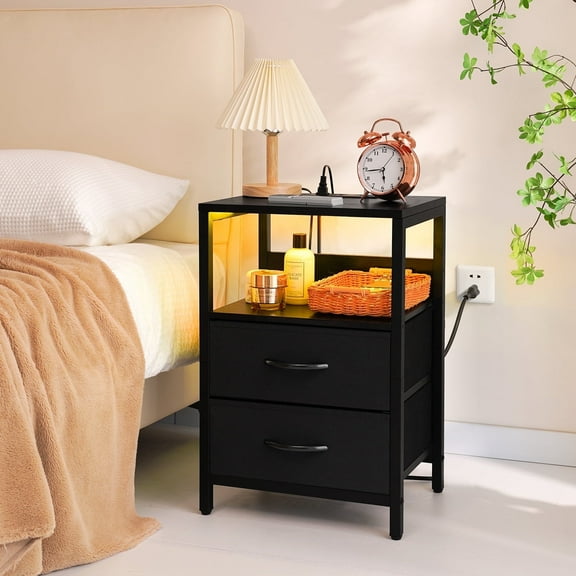 Nightstand with Charging Station & LED, Side End Table with 2 Fabric Drawers and Storage Shelf, Bedside Tables for Bedroom Living room, Black