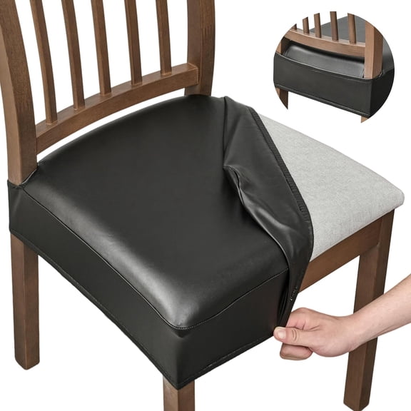 Waterproof PU Leather Dining Chair Seat Covers, Stretchable Slipcovers for Kitchen Chairs, Machine Washable & Oilproof Chair Protectors, Fits Seat 14-19" x 14-19" x 3-4"