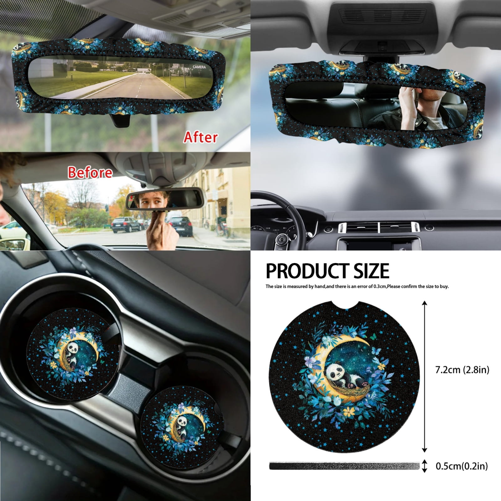 Jeiento Cute Panda Auto Accessories Set Car Seat Covers Steering Wheel Cover Seatbelt Pad Trash Can Moon Rear View Mirror Protector Handbrake Cover Set Car Armrest Cover Coasters for SUV Sedan Van