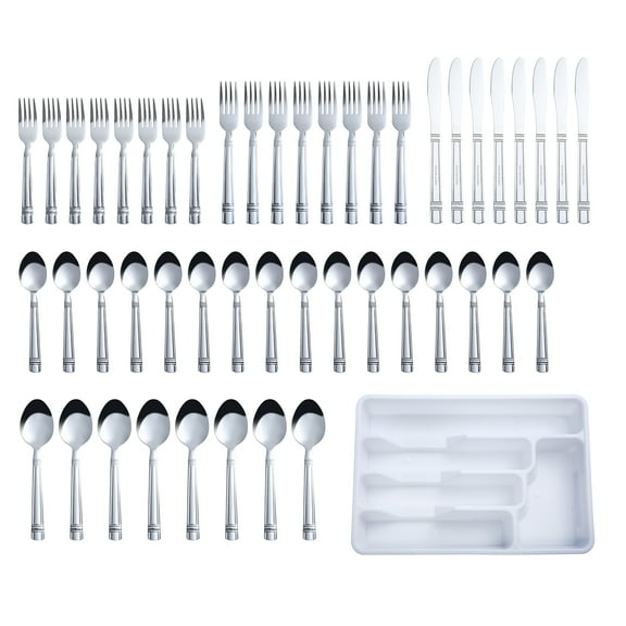 Mainstays 49 Piece Elena Adult Stainless Steel Flatware and Organizer Tray Value Set Silver, Service for 8