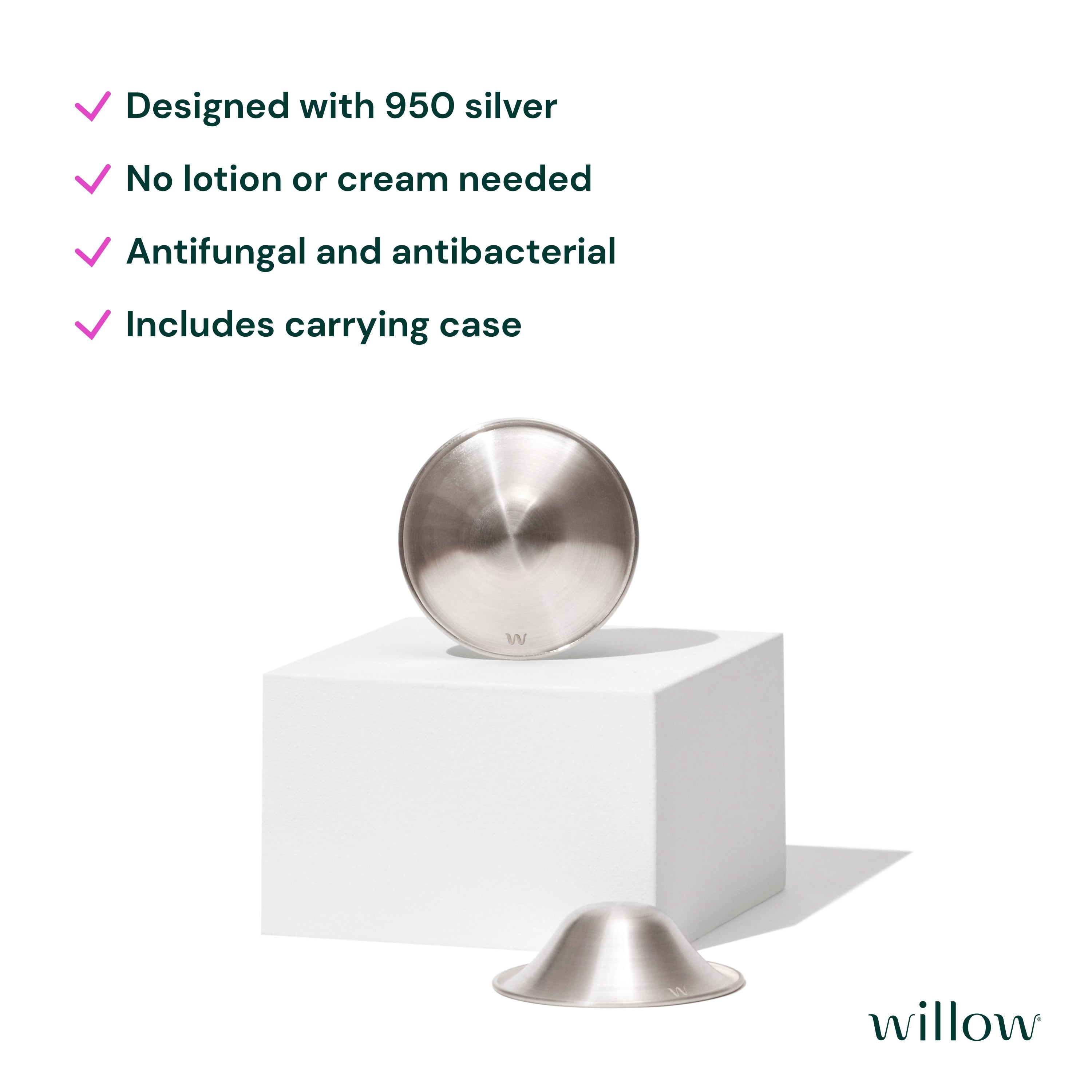 Willow Soothing Silver Nursing Cups, 2 Pack, Breastfeeding Nipple Covers for Protection & Pain Relief
