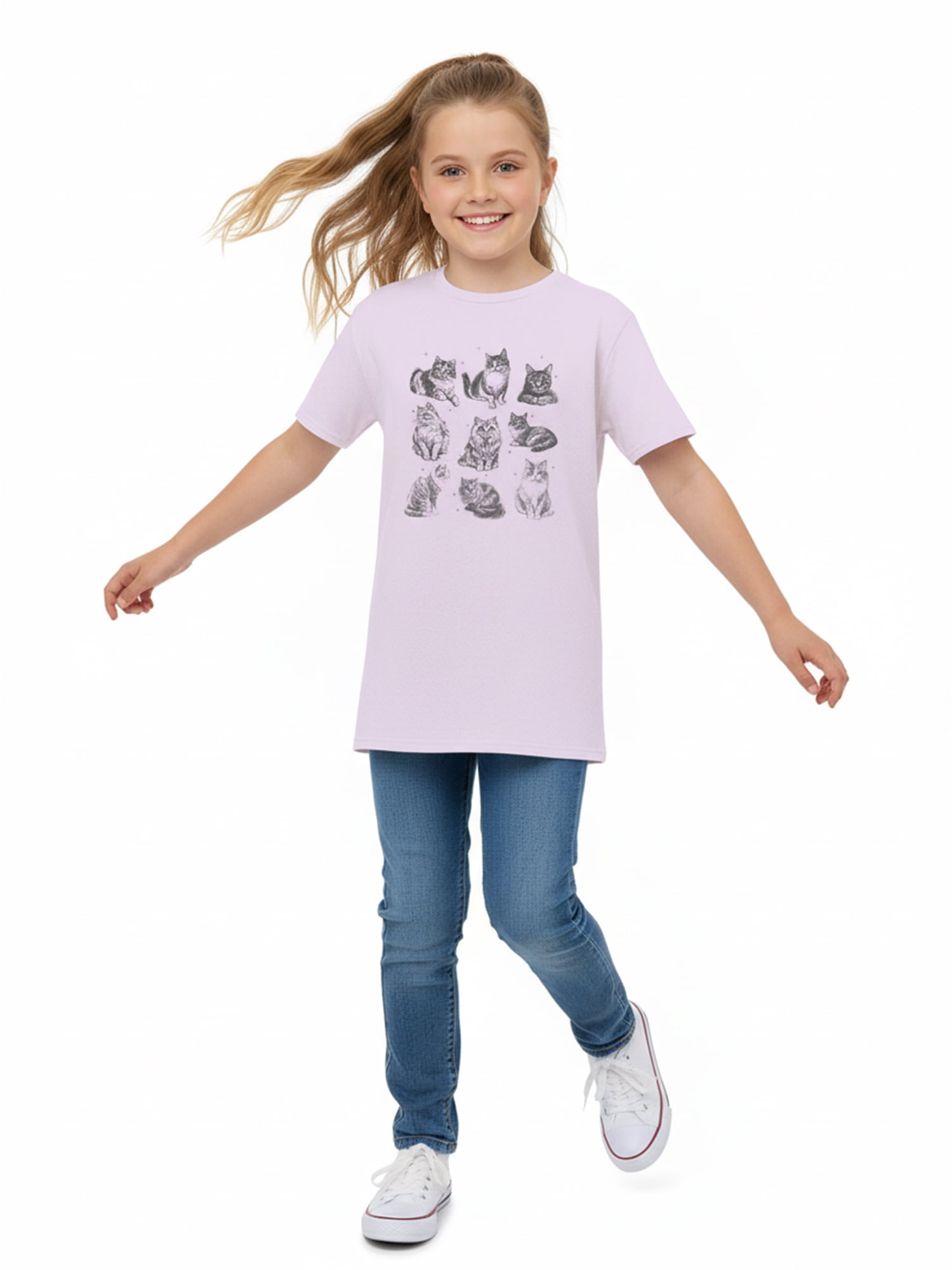 Wonder Nation Girls Cats Graphic Tee with Short Sleeves, Sizes 4-18