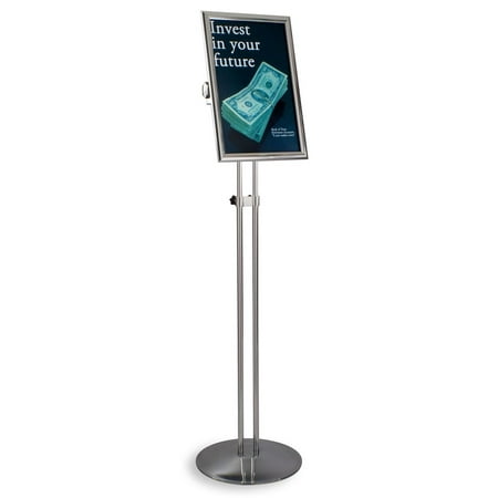 Theme Black Chrome Base Fully Adjustable Shiny Chrome Finish Poster Stand With Double Metal Pole Base, 12-1/4 x 79 x 18-1/4-Inch, Free-Standing, Snap-Open Frame With Non-Glare Lens (FST1711CHR) ()