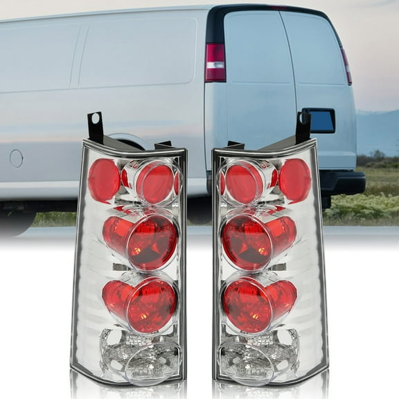 Kojem Tail Lights Assembly for 1996-2002 Chevy Express/GMC Savana 1500 2500 3500 Taillights Driver Passenger Side(Chrome Housing & Clear Lens)