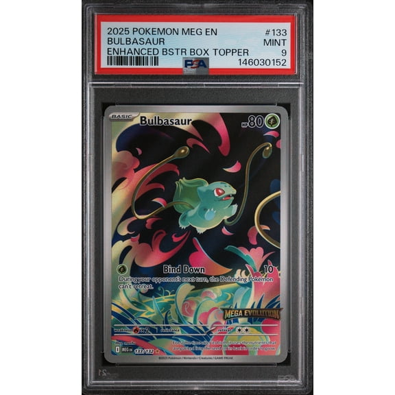 Graded 2025 Pokemon Meg EN Mega Evolution Bulbasaur Enhanced Bstr Box Topper PSA 9 #133