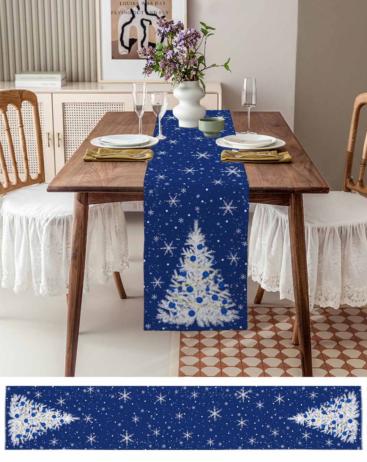Ldtrchee Navy Blue Christmas Tree Table Runner 70 Inches, Balls Snowflake Xmas Tree Bed Runner Dresser Scarves Tabletop for Indoor Outdoor Parties/Ceremony/Banquet, 13" x 70"